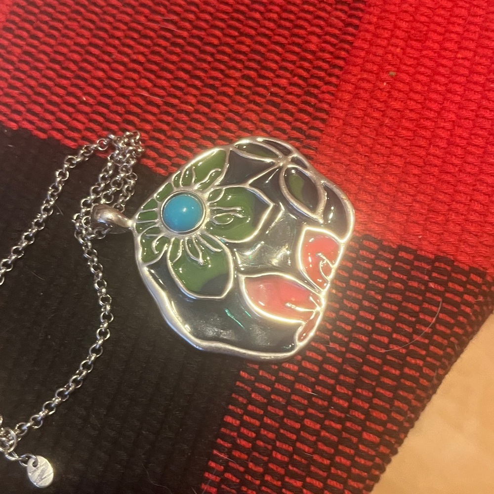 Women Jewelry Floral Enamel Pendant Necklace - Blue Accent
